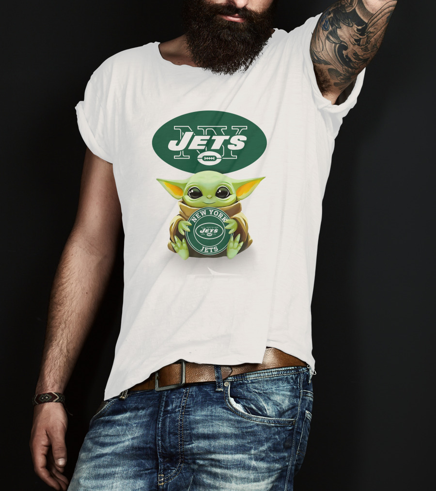 Baby Yoda Holding New York Jets Football T-Shirt