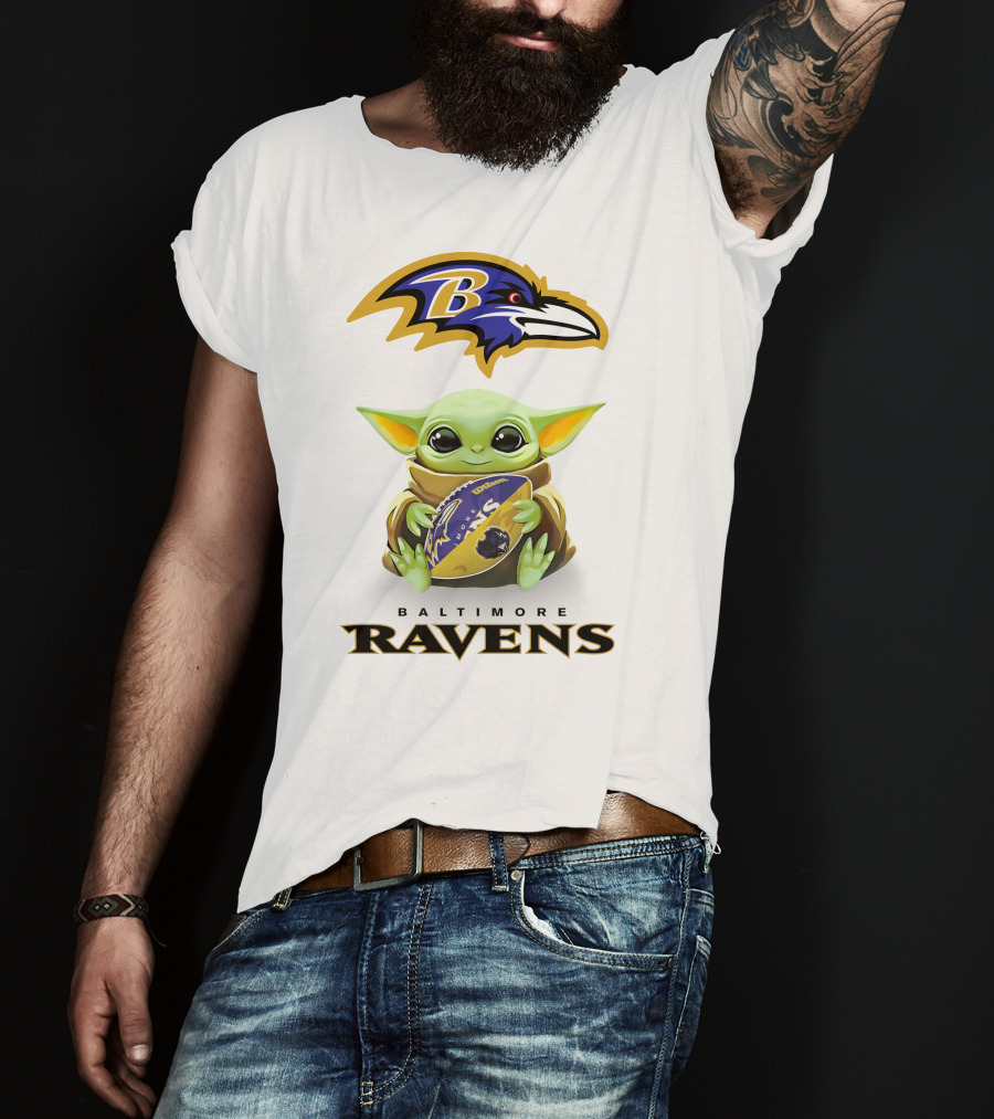 Star Wars Baby Yoda Baltimore Ravens Football Hug Ravens Logo White T-Shirt