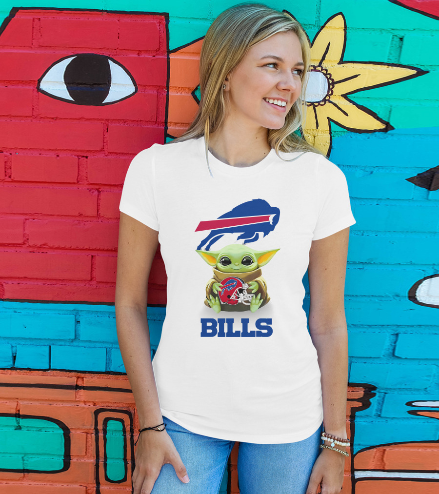 Baby Yoda Hug Buffalo Bills Helmet Star Wars White T-Shirt