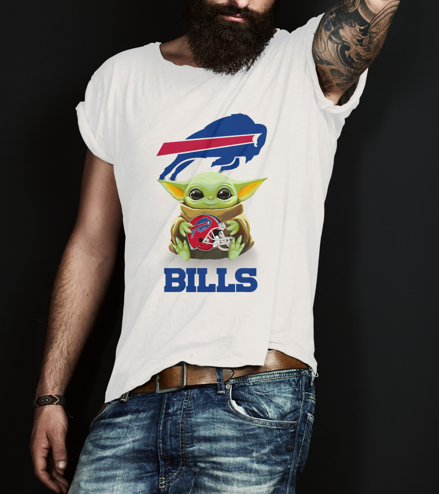 Baby Yoda Hug Buffalo Bills Helmet Star Wars White T-Shirt