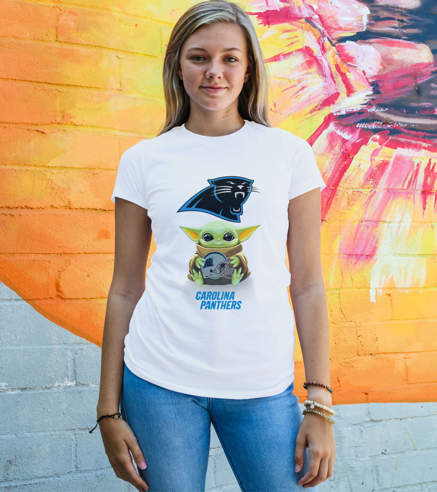 Star Wars Baby Yoda Holding Carolina Panthers Helmet T-Shirt