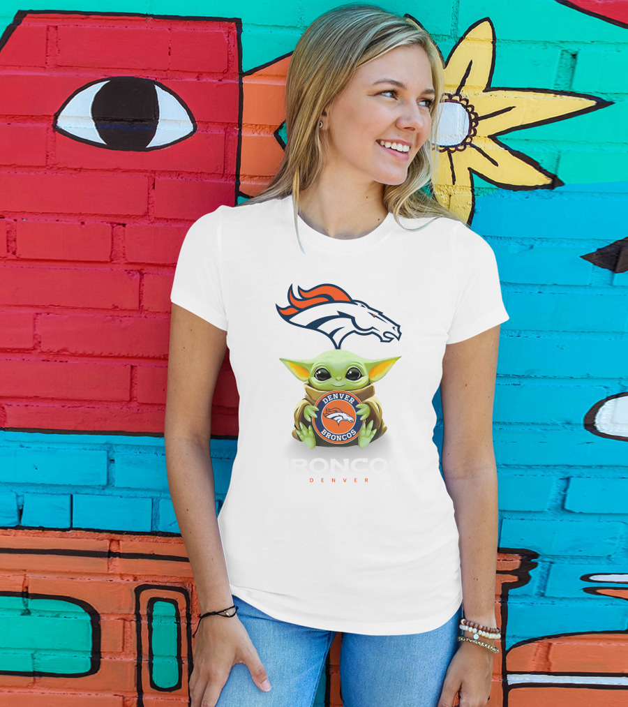 Star Wars Baby Yoda Holds Denver Broncos Emblem T-Shirt