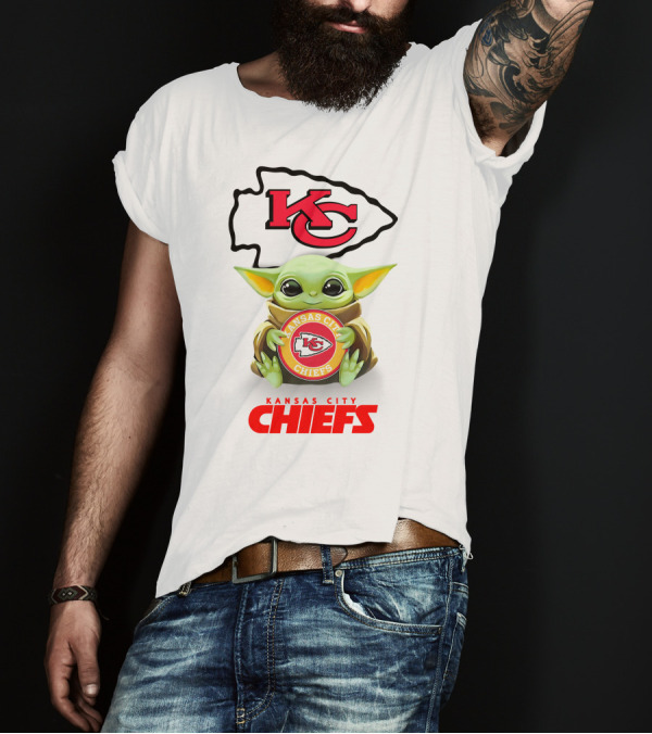 Star Wars Baby Yoda Kansas City Chiefs Hug KC Emblem White T-Shirt