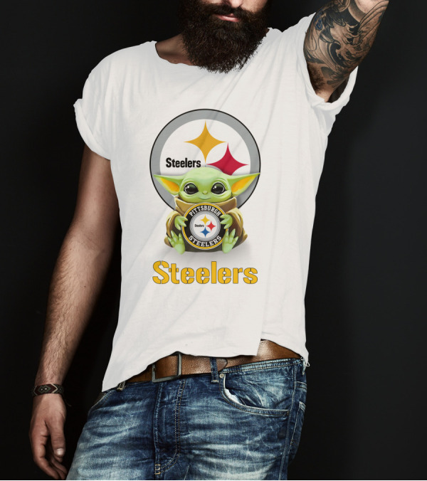 Star Wars Baby Yoda Hugging Pittsburgh Steelers Logo Steelers T-Shirt