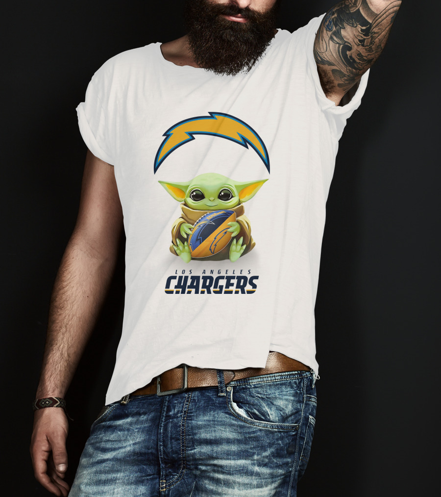 Star Wars Baby Yoda Los Angeles Chargers Football Hug White T-Shirt