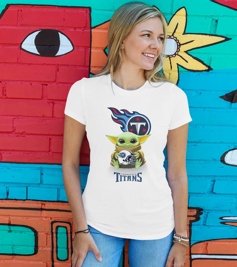 Star Wars Baby Yoda Holding Tennessee Titans Helmet T-Shirt