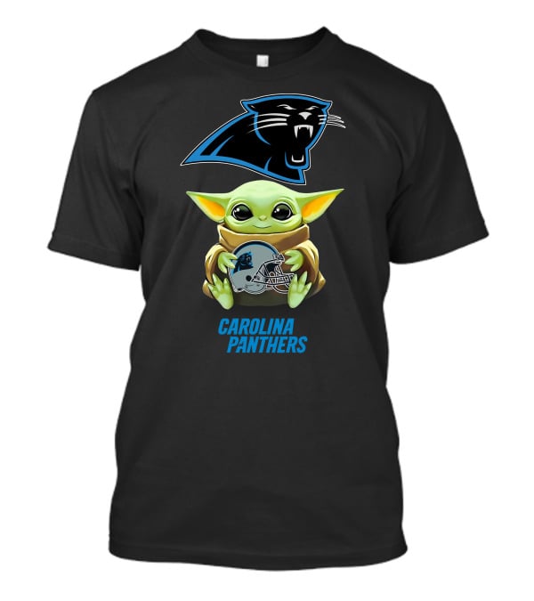 Grogu Holding Carolina Panthers Helmet With Team T-Shirt