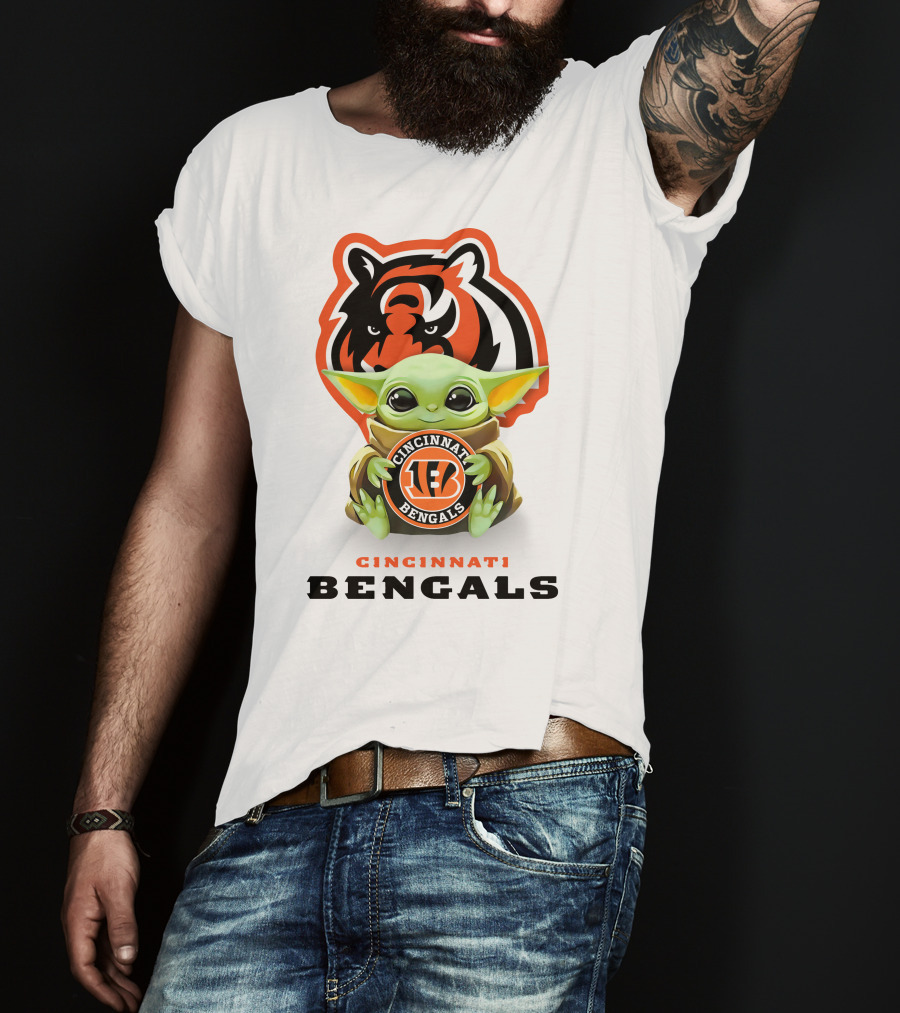 Grogu Holding Cincinnati Bengals Logo With Tiger Background T-Shirt