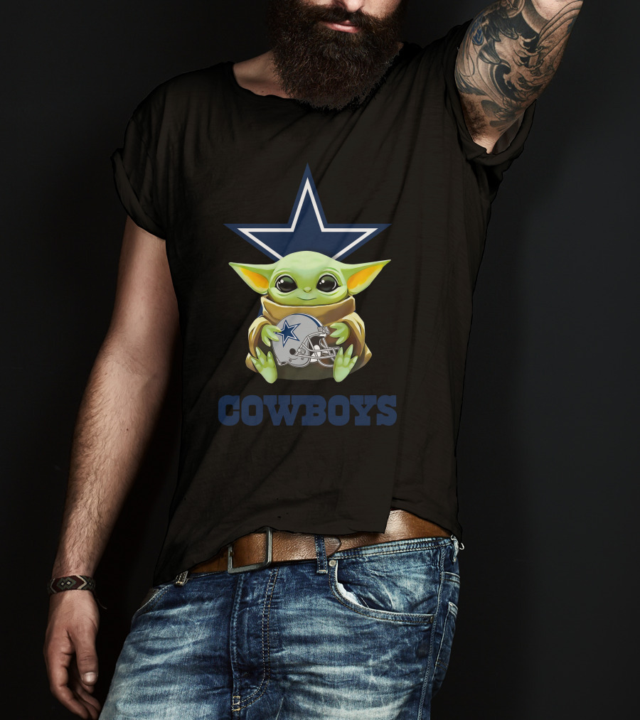 Grogu Holding Dallas Cowboys Helmet With Star Logo And COWBOYS Text T-Shirt