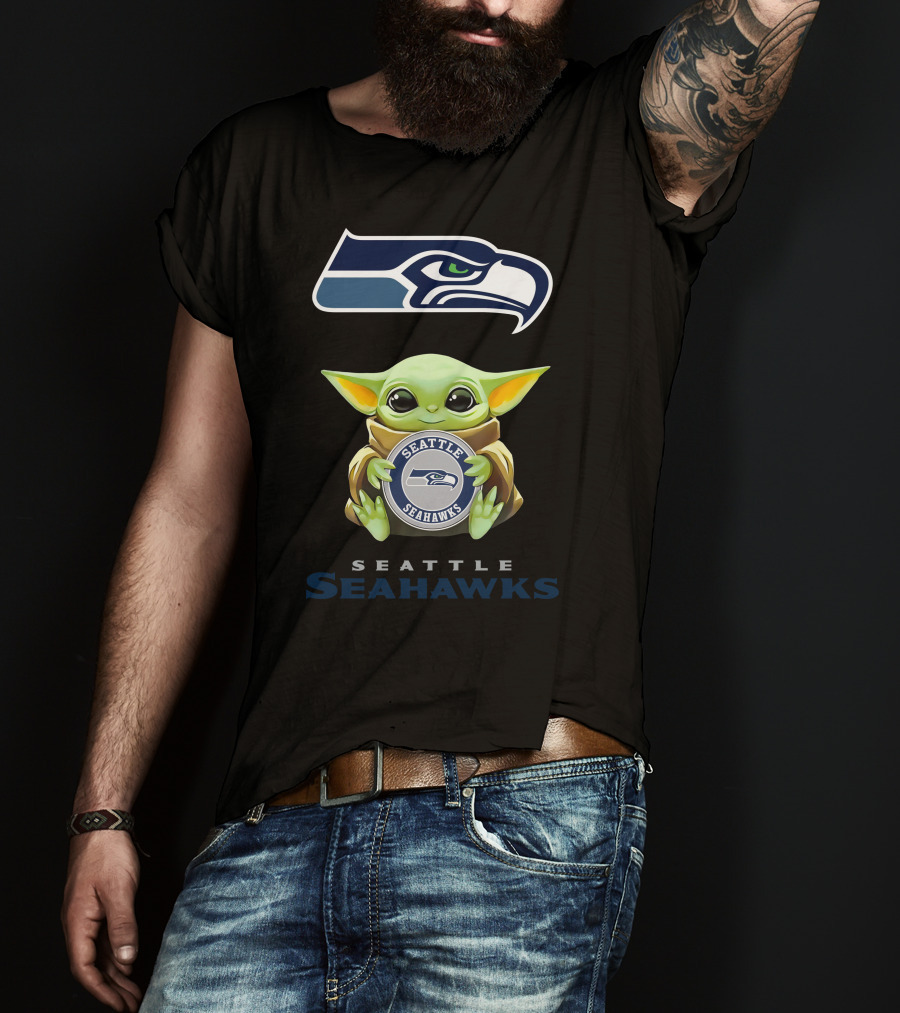 Grogu Holding Seattle Seahawks Logo Emblem With Team Name T-Shirt
