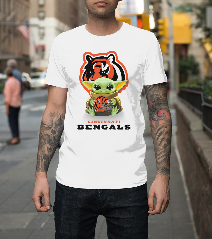 Grogu Holding Cincinnati Bengals Helmet with Team Logo and Colors T-Shirt