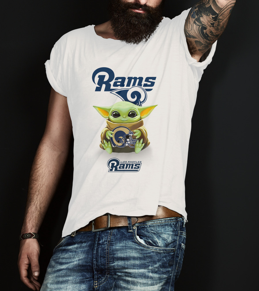 Grogu Holding Los Angeles Rams Helmet With Rams T-Shirt