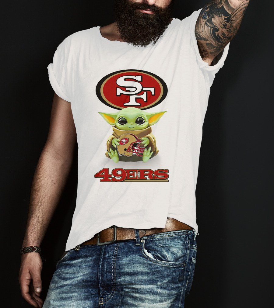 Grogu Hugging San Francisco 49ers SF Helmet Logo 49ers White T-Shirt