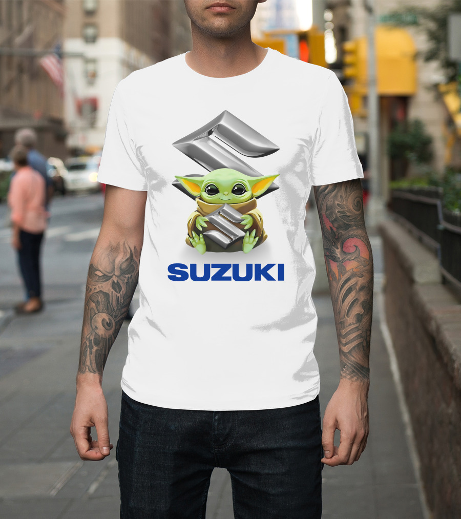Grogu Hugging Suzuki Logo with Silver Emblem and Brown Cloak T-Shirt