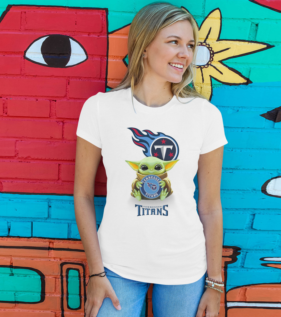 Grogu Holding Tennessee Titans Logo Star Wars Crossover White T-Shirt