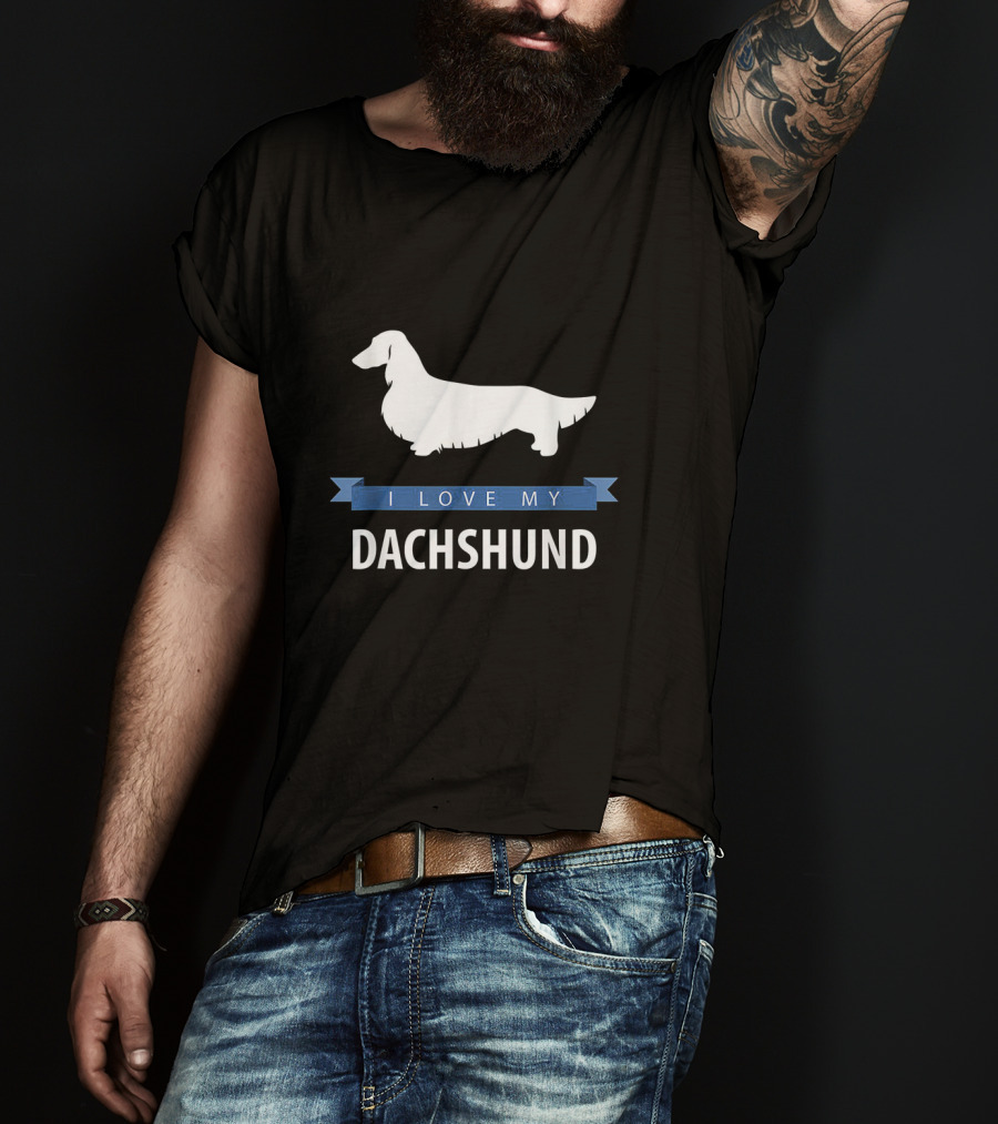I Love My Longhaired Dachshund Silhouette With Blue Banner T-Shirt
