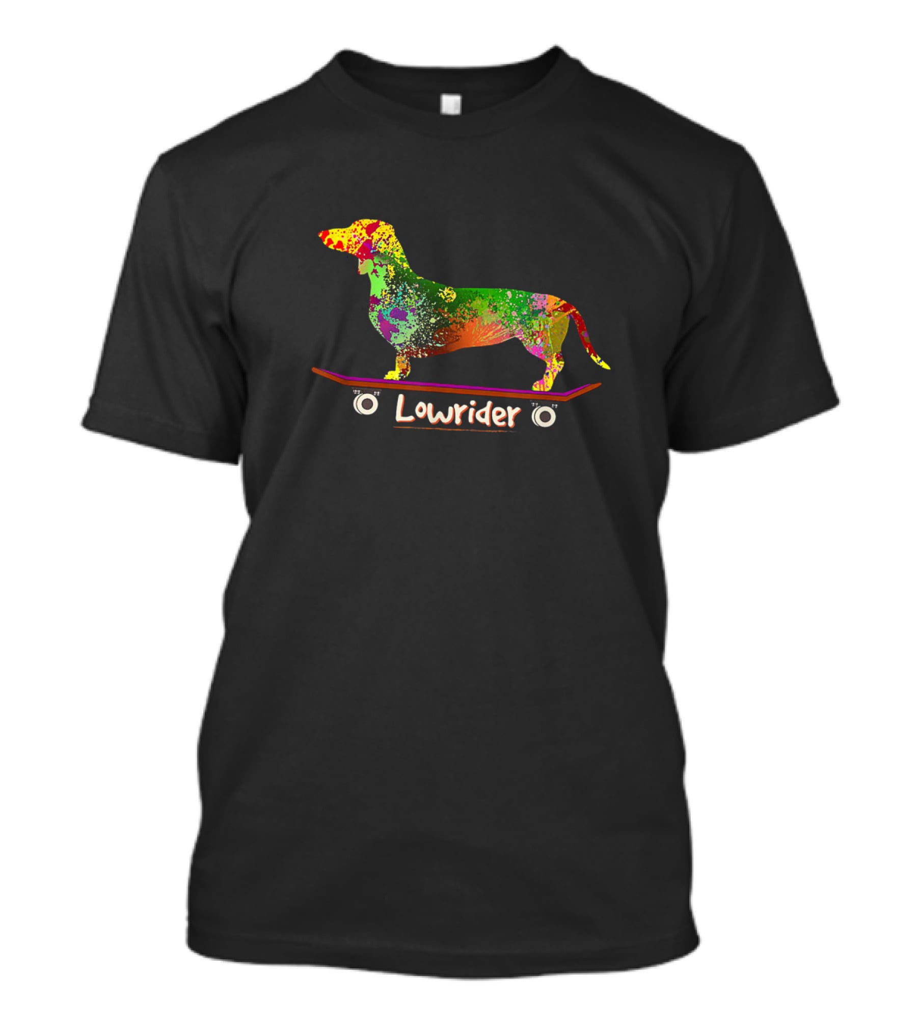 Lowrider Skateboarding Dachshund Weiner Dog In Colorful T-Shirt