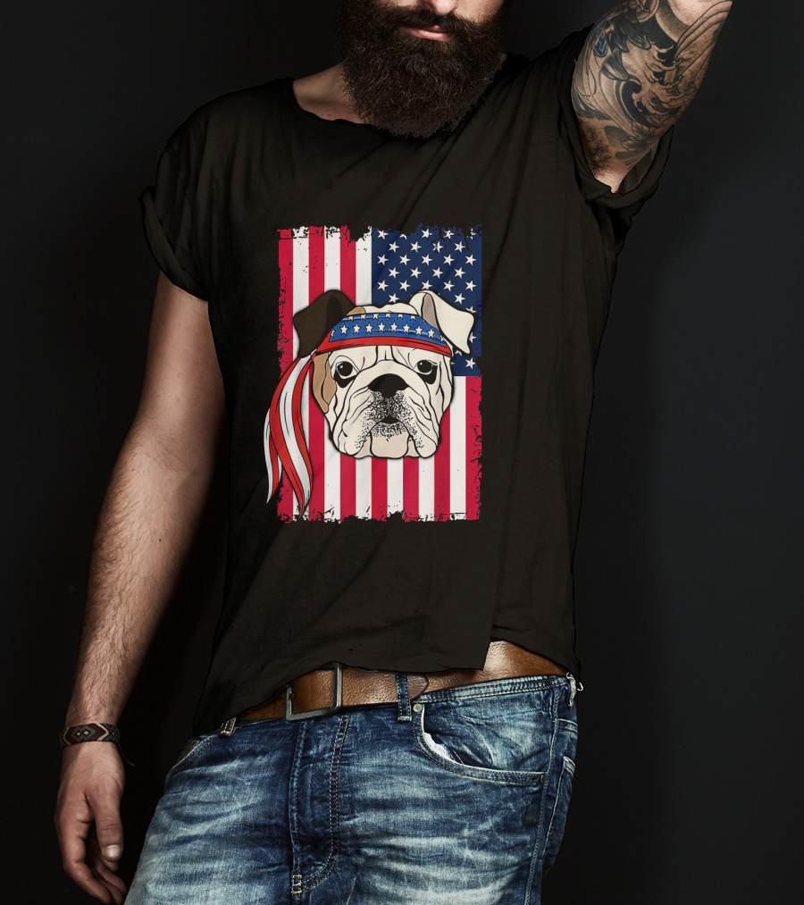 Patriotic Bulldog Wearing Bandana With American Flag Background T-Shirt