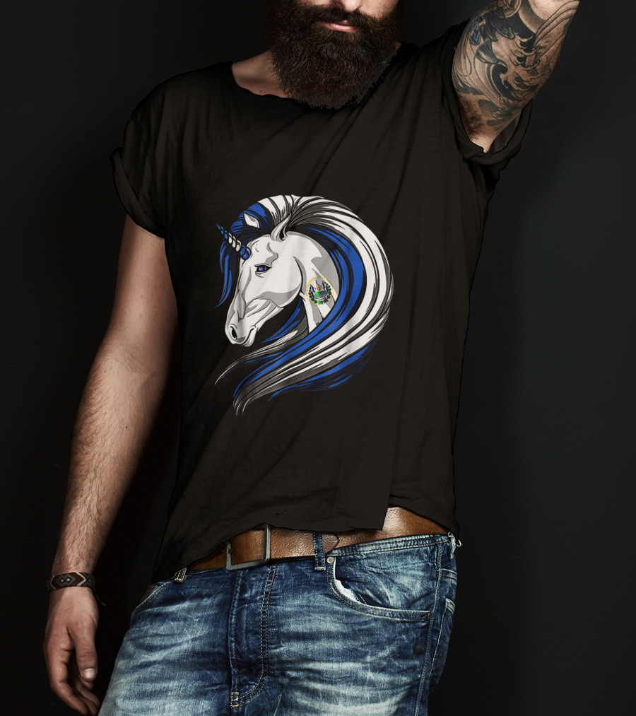 Unicorn With El Salvador Flag Colors And Salvadoran Emblem Mane T-Shirt