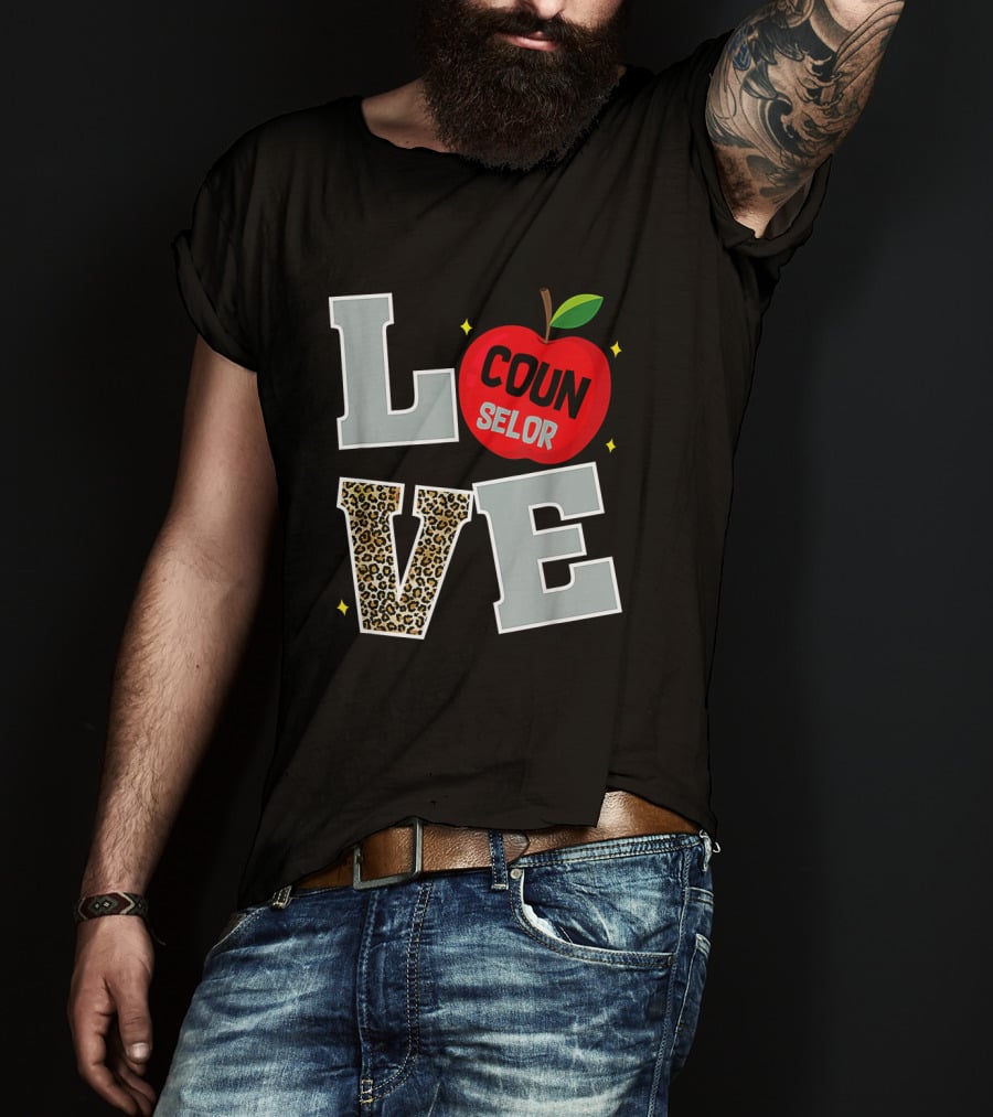 LOVE Counselor Apple Back To School Leopard Print Teacher T-Shirt