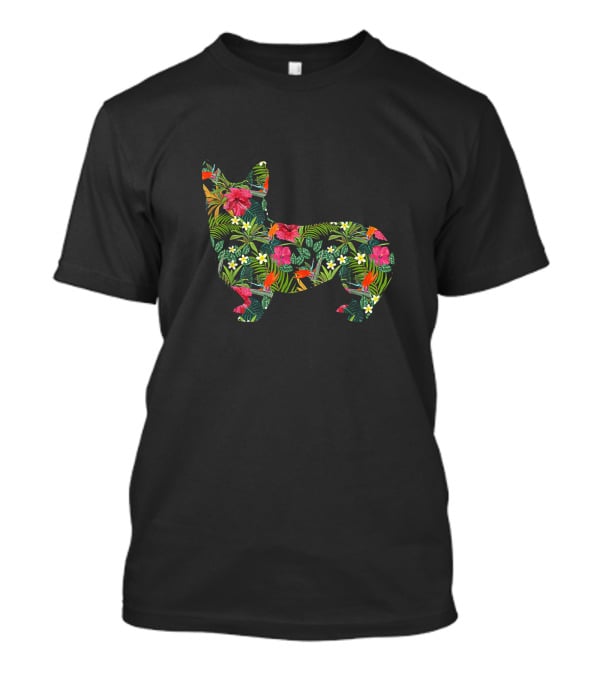 Corgi Floral Hawaiian Dog In Tropical Flowers And Leaves Print T-Shirt