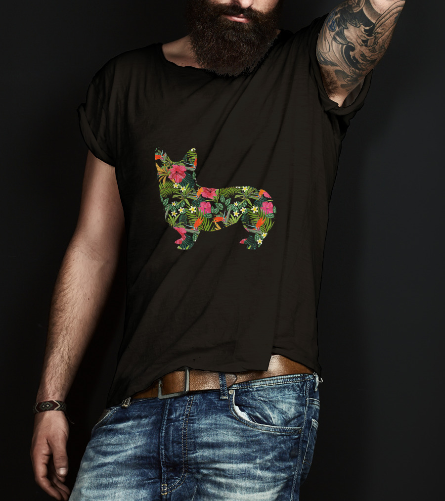 Corgi Floral Hawaiian Dog In Tropical Flowers And Leaves Print T-Shirt