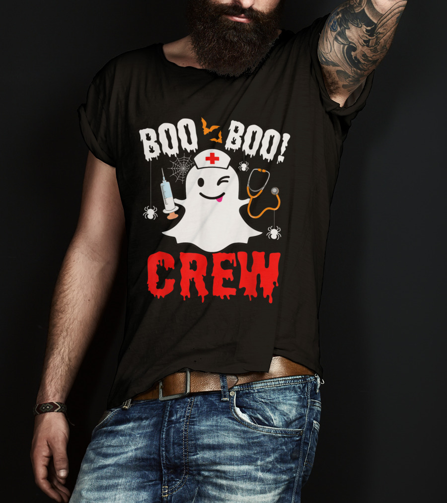 Boo Boo Crew Nurse Ghost Halloween Spiders Bats Stethoscope T-Shirt