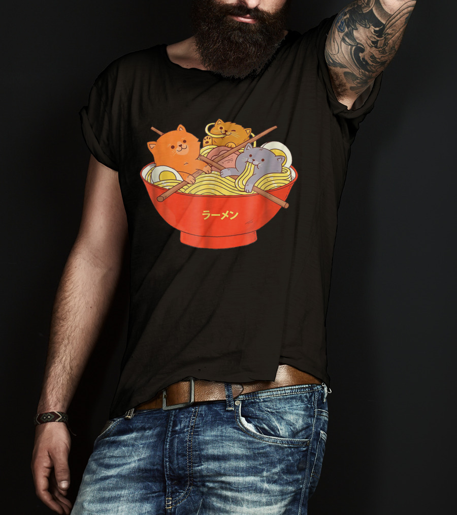 Kawaii Anime Cat Ramen Noodles In Red Bowl With Japanese Text T-Shirt
