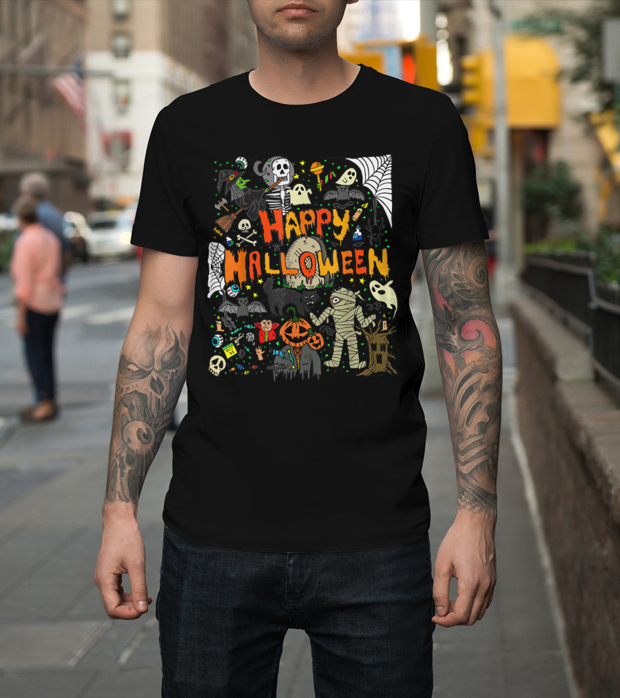 Happy Halloween Scary Mummy Ghost Witch Pumpkin Bat Skull Spiderweb T-Shirt