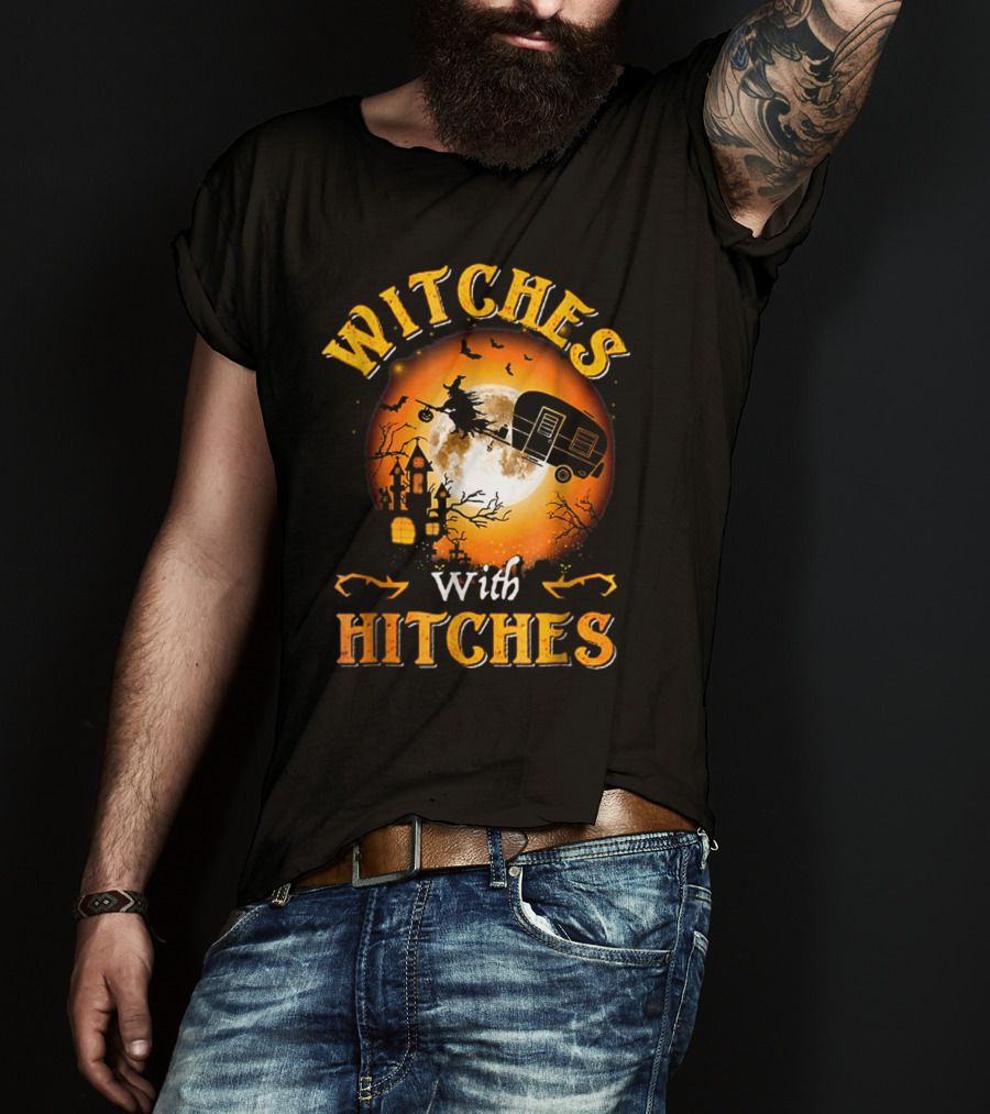 Witches With Hitches Flying Broomstick Full Moon Haunted House T-Shirt
