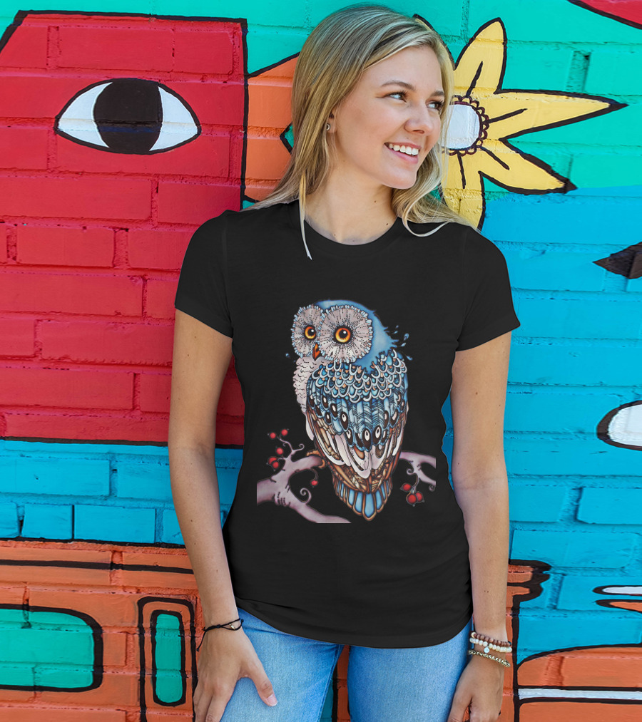 Luminous Blue Owl On Branch With Red Berries - Owl For You T-Shirt