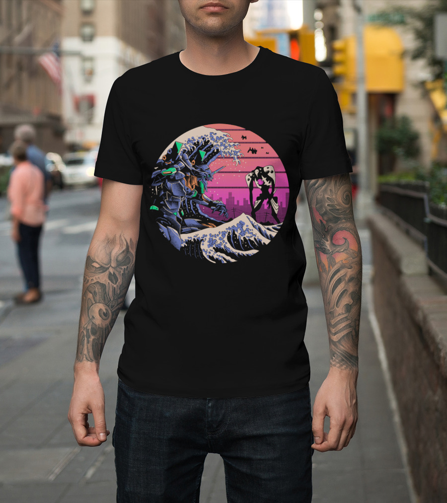 Neon Genesis Evangelion Retro Wave Style Giant Mecha Ocean Scene T-Shirt