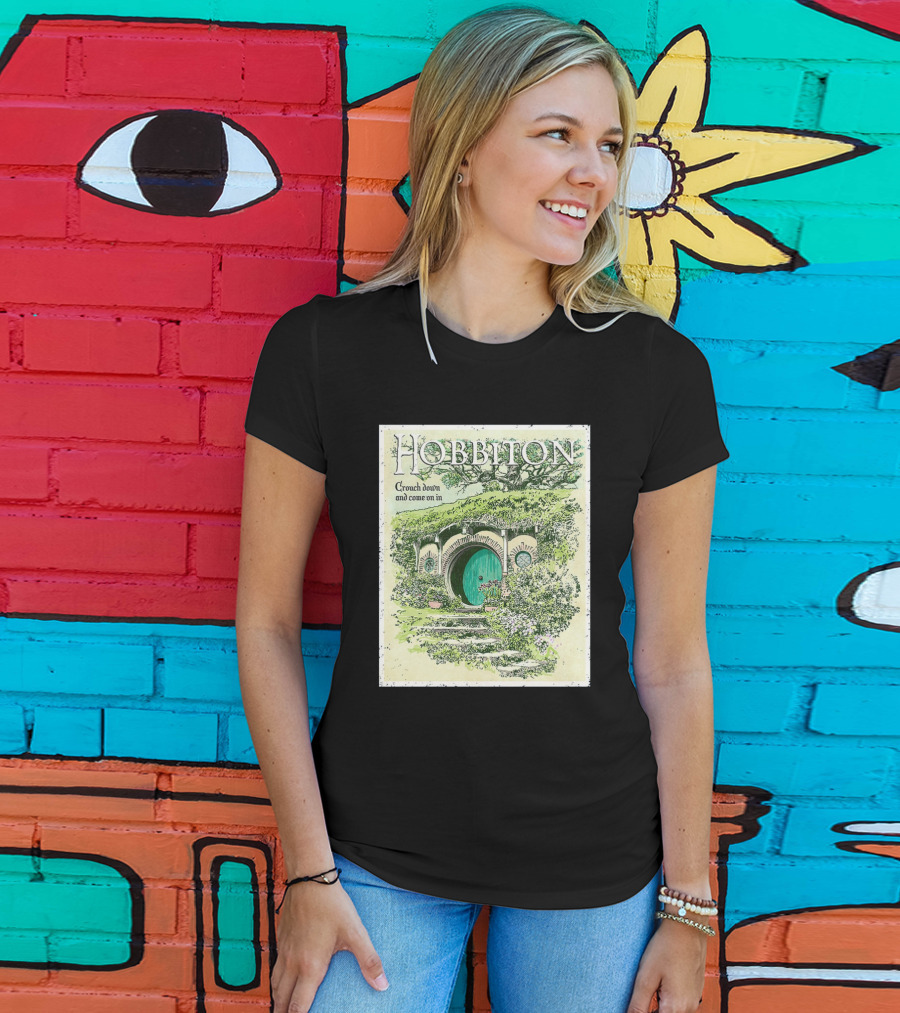Hobbiton Crouch Down And Come On In With Illustrated Green Door And Garden Path T-Shirt