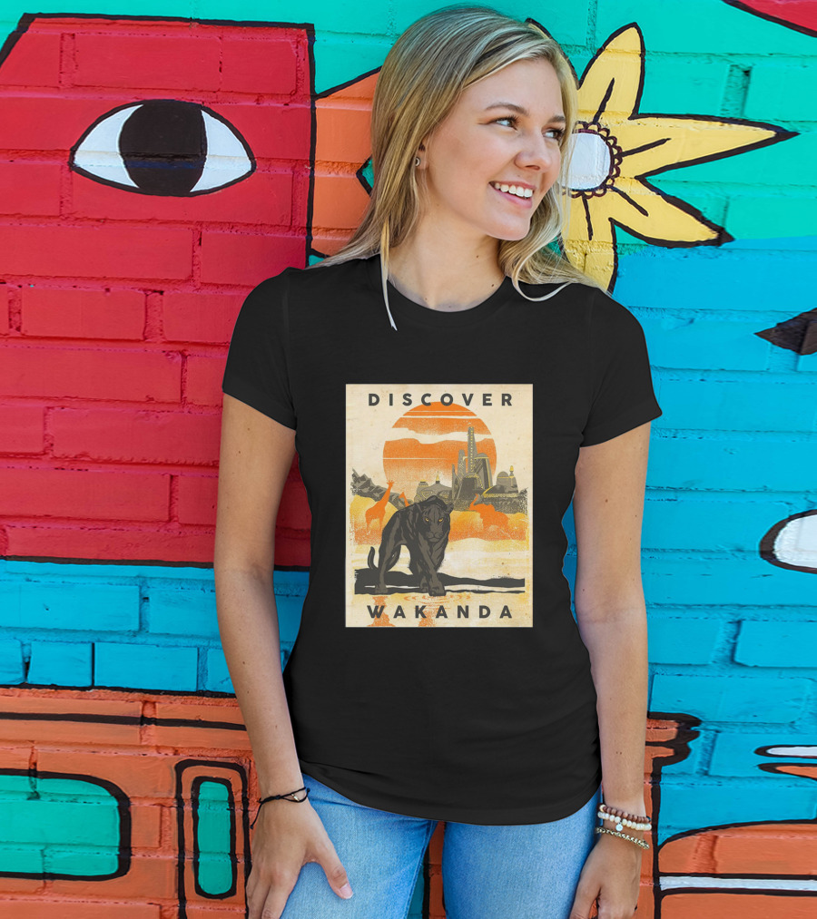 Discover Wakanda Panther And Futuristic Cityscape With Sunset T-Shirt