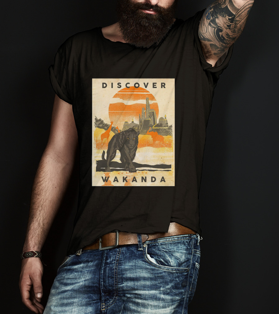 Discover Wakanda Panther And Futuristic Cityscape With Sunset T-Shirt
