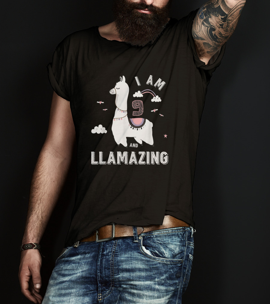 I Am 9 And Llamazing Funny Llama Cloud Birthday T-Shirt