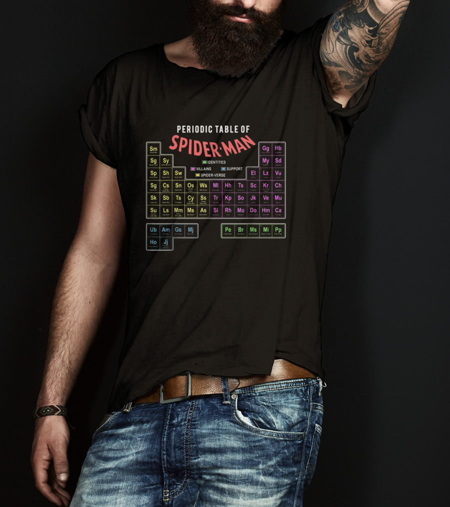 Periodic Table Of Spider-Man Identities Villains Support Spider-Verse T-Shirt