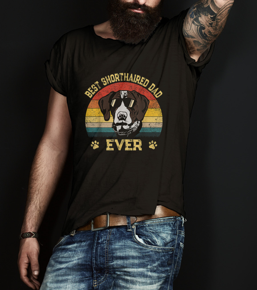 Best Shorthaired Dad Ever Retro Dog With Sunglasses And Paw Prints T-Shirt