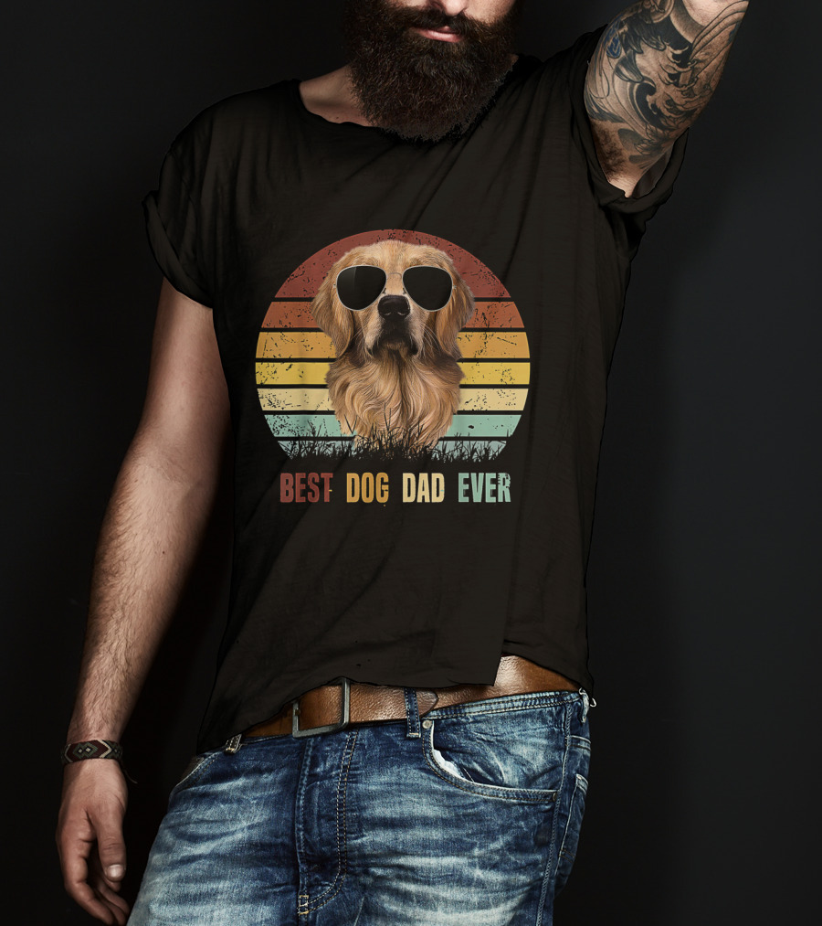 Golden Retriever With Sunglasses Best Dog Dad Ever Vintage Stripes T-Shirt