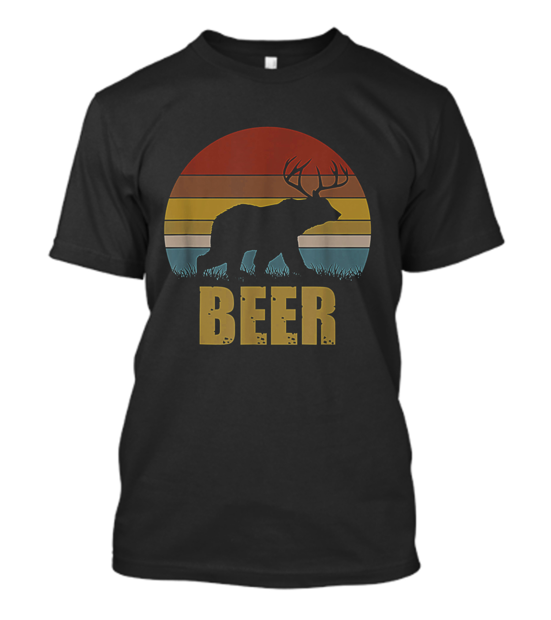 Retro Deer Bear Silhouette With Antlers Sunset Design Beer T-Shirt