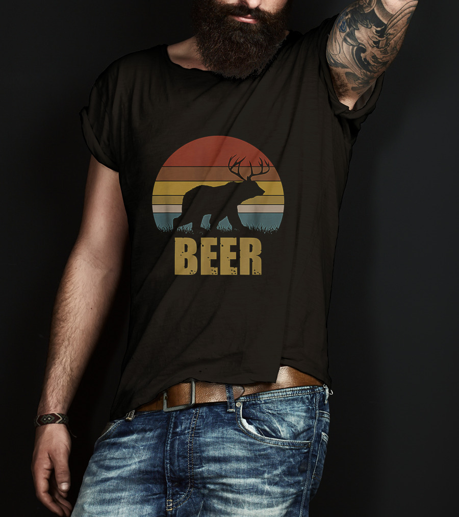 Retro Deer Bear Silhouette With Antlers Sunset Design Beer T-Shirt