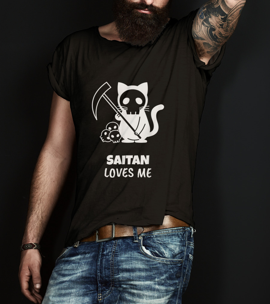 Saitan Katze Loves Me Cartoon Grim Reaper Skull 666 Der Tod T-Shirt
