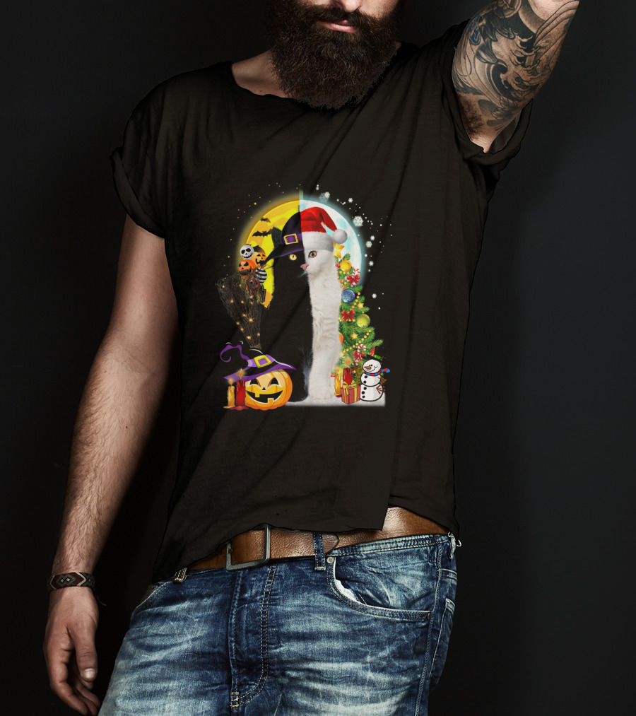 Black And White Cat Halloween Pumpkin Witch Hat And Merry Christmas Tree Santa Hat Snowman T-Shirt