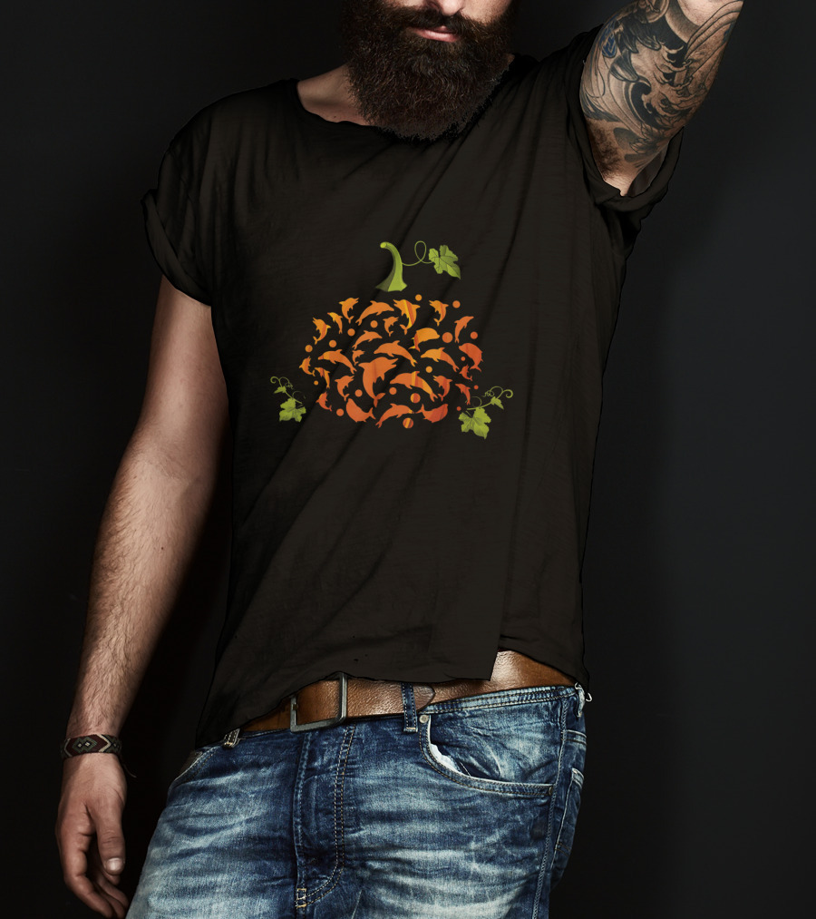 Orange Pumpkin With Dolphin Shapes Pattern Entwined With Green Leaves T-Shirt