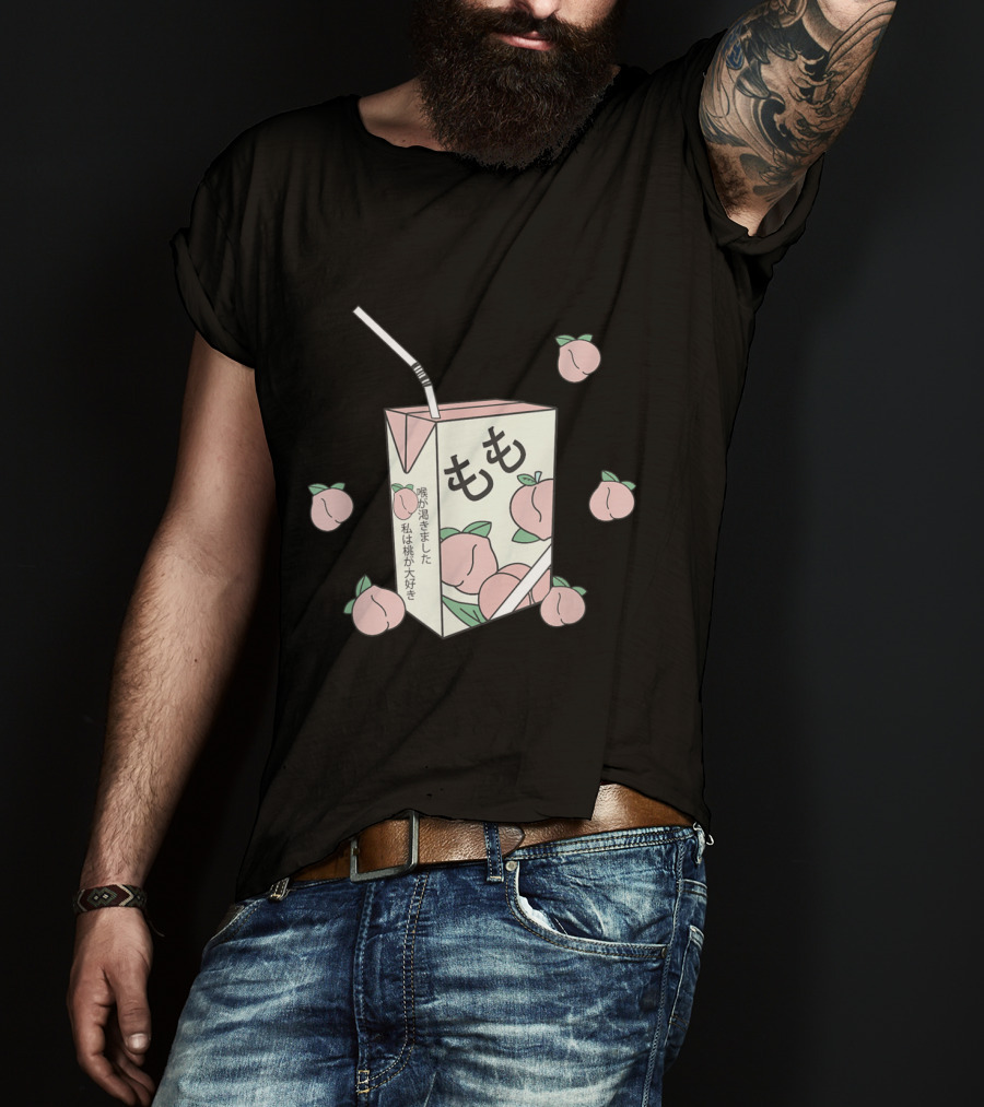 90s Japanese Aesthetic Otaku Anime Peach Juice Box With Kanji And Pastel Peaches T-Shirt