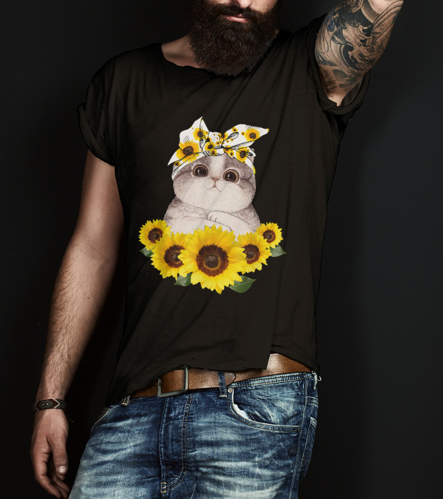 Sunflower Cat Headband Adorable Cats Lovers T-Shirt