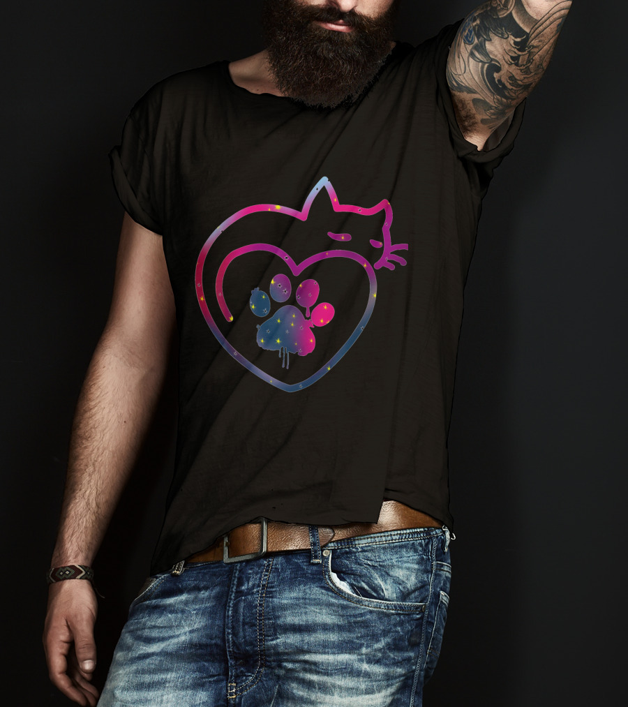 Cute Colorful Cat And Paw Heart Design For Kitty Lovers T-Shirt