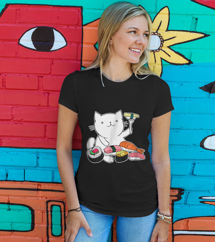 Playful Cat Enjoying Colorful Sushi Plate T-Shirt
