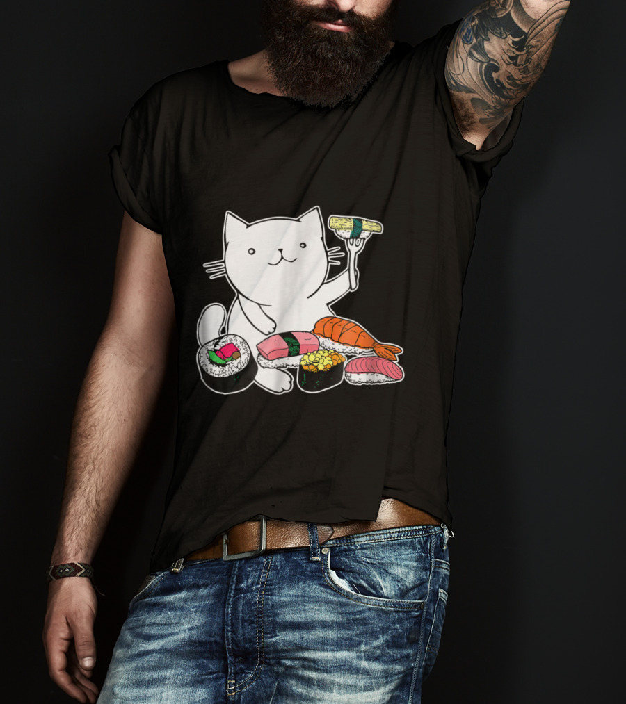 Playful Cat Enjoying Colorful Sushi Plate T-Shirt