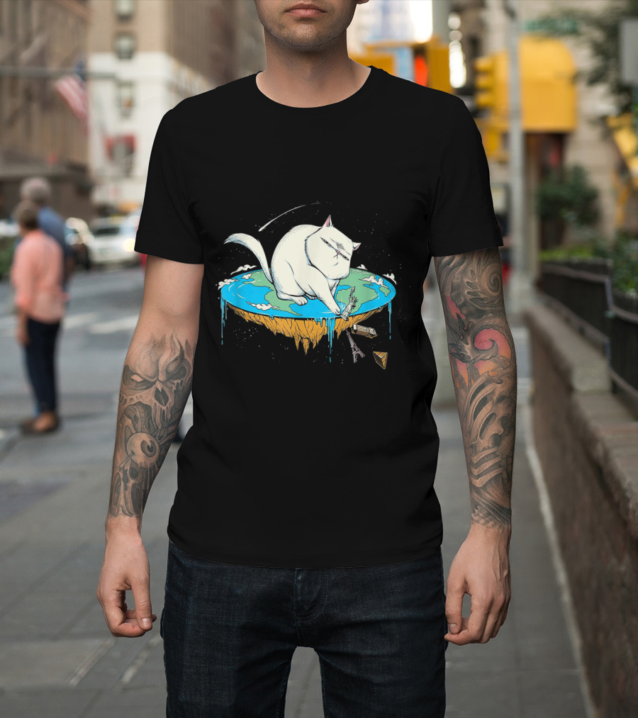 Cat Pawing Flat Earth With Iconic Landmarks For Humorous Cat Lovers T-Shirt